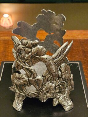 Carson Vtg. Pewter Hummingbird Hibiscus Yankee Jar Candle Holder